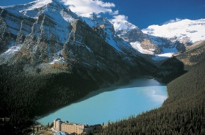 The turquoise waters of Lake Louise in the Canadian Rockies and Banff National Park.